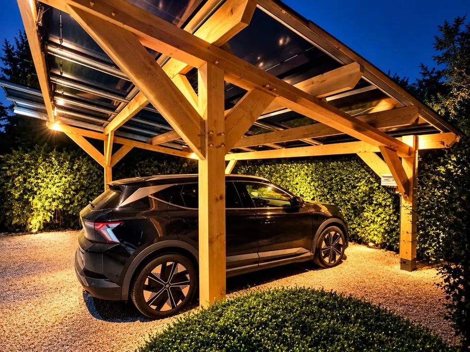 Carport en bois couvert de panneaux solaires, éclairé de nuit, abritant une voiture électrique noire
